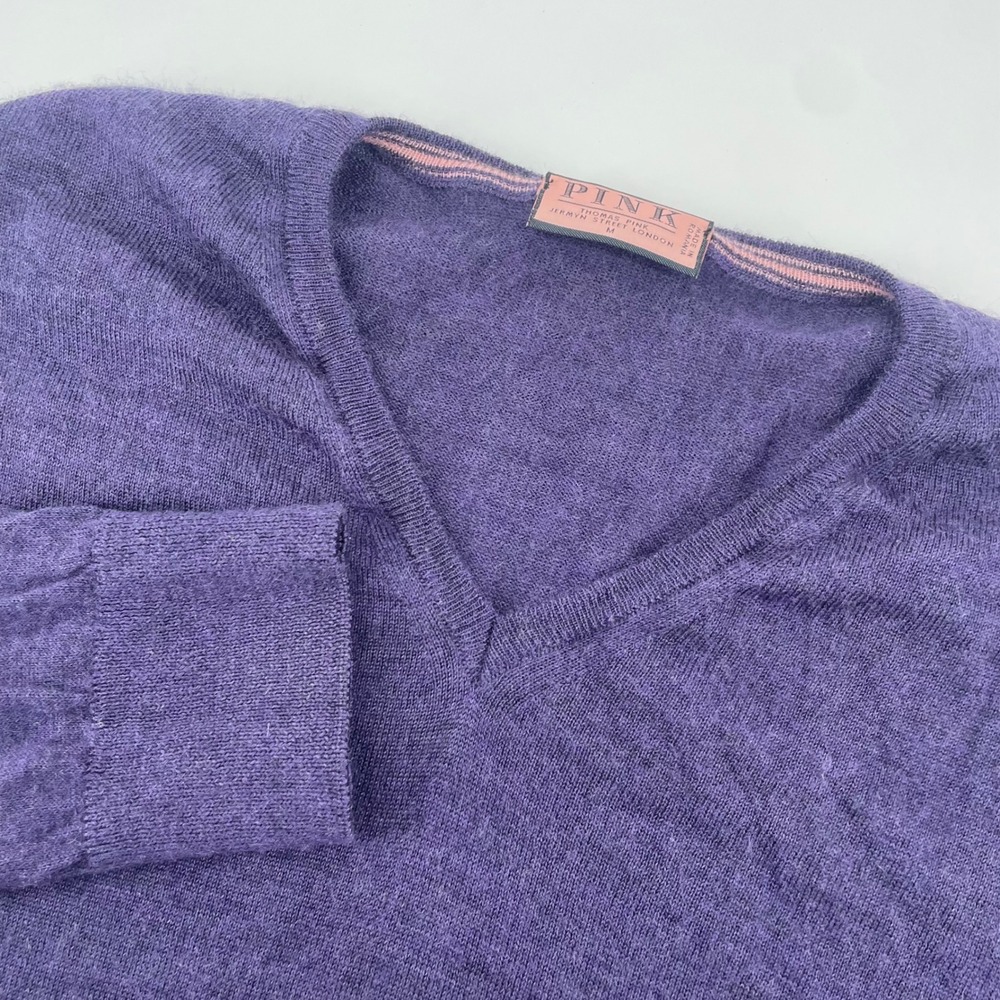 Thomas Pink Sweater Mens M Purple Merino Wool V-Neck Long Sleeve Knit Pullover